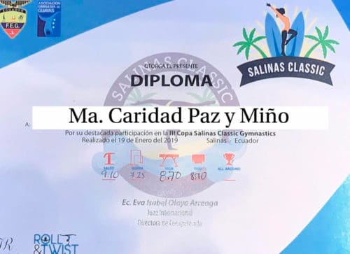 María Caridad Paz y Miño, participó en la III Copa Salinas Classic Gymnastics, obteniendo el 3er lugar.